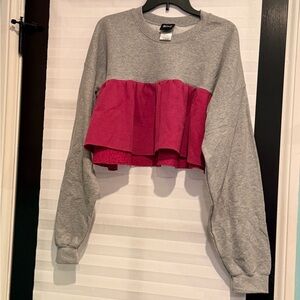 Gray and Pink Ruffled Cropped Sweatshirt